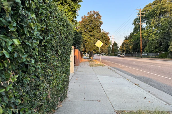 Bürgersteig entlang einer leeren Straße neben einer Hecke