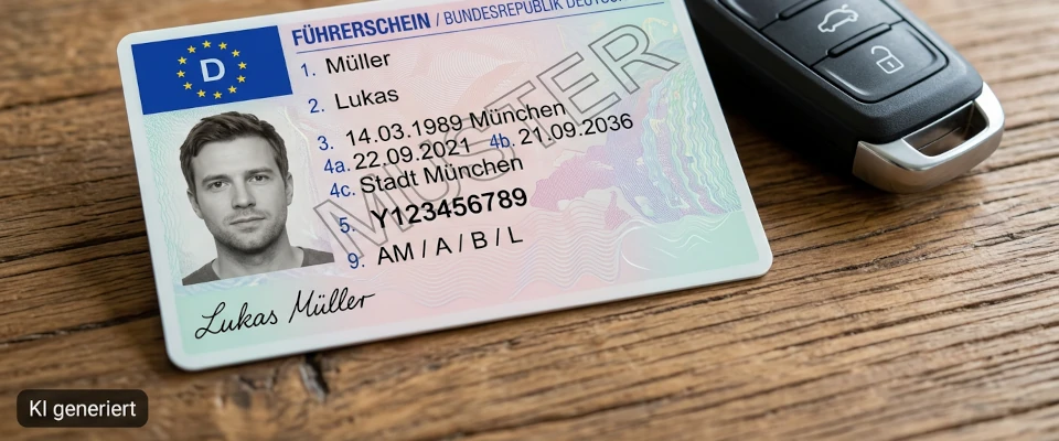 Muster eines Kartenführerscheins mit Ausstellungsdatum in Feld 4a und Ablaufdatum in Feld 4b neben einem Autoschlüssel.