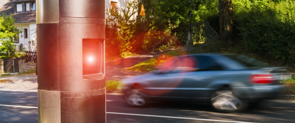 Geschwindigkeitsmessung innerorts Ein Auto fährt zu schnell und wird geblitzt.